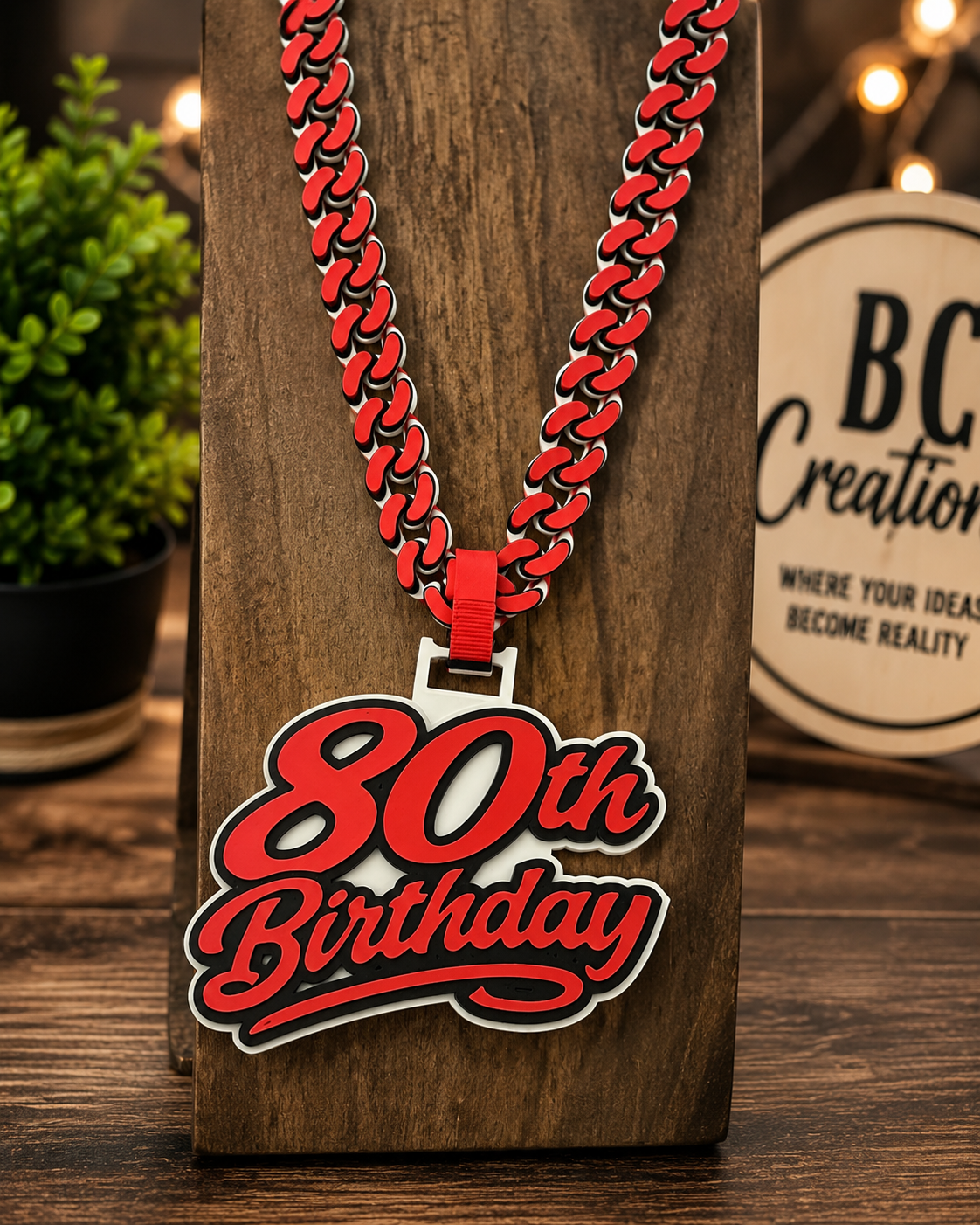 Red 80th birthday medal necklace