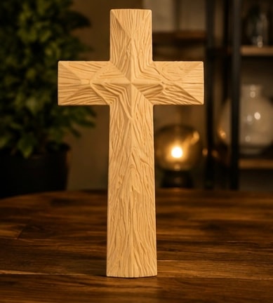 Wooden cross on table interior