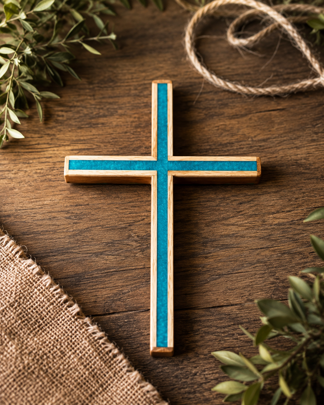 Blue wooden cross on rustic table