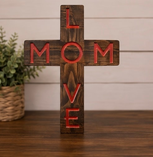 Neon Mom love cross wooden sign
