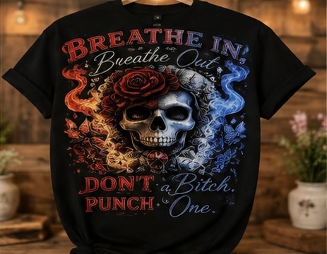 Black t-shirt with skull, rose and flames graphic