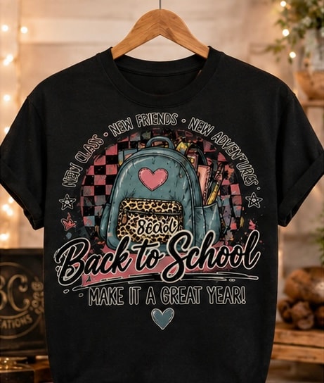 Back to school graphic tee with backpack design