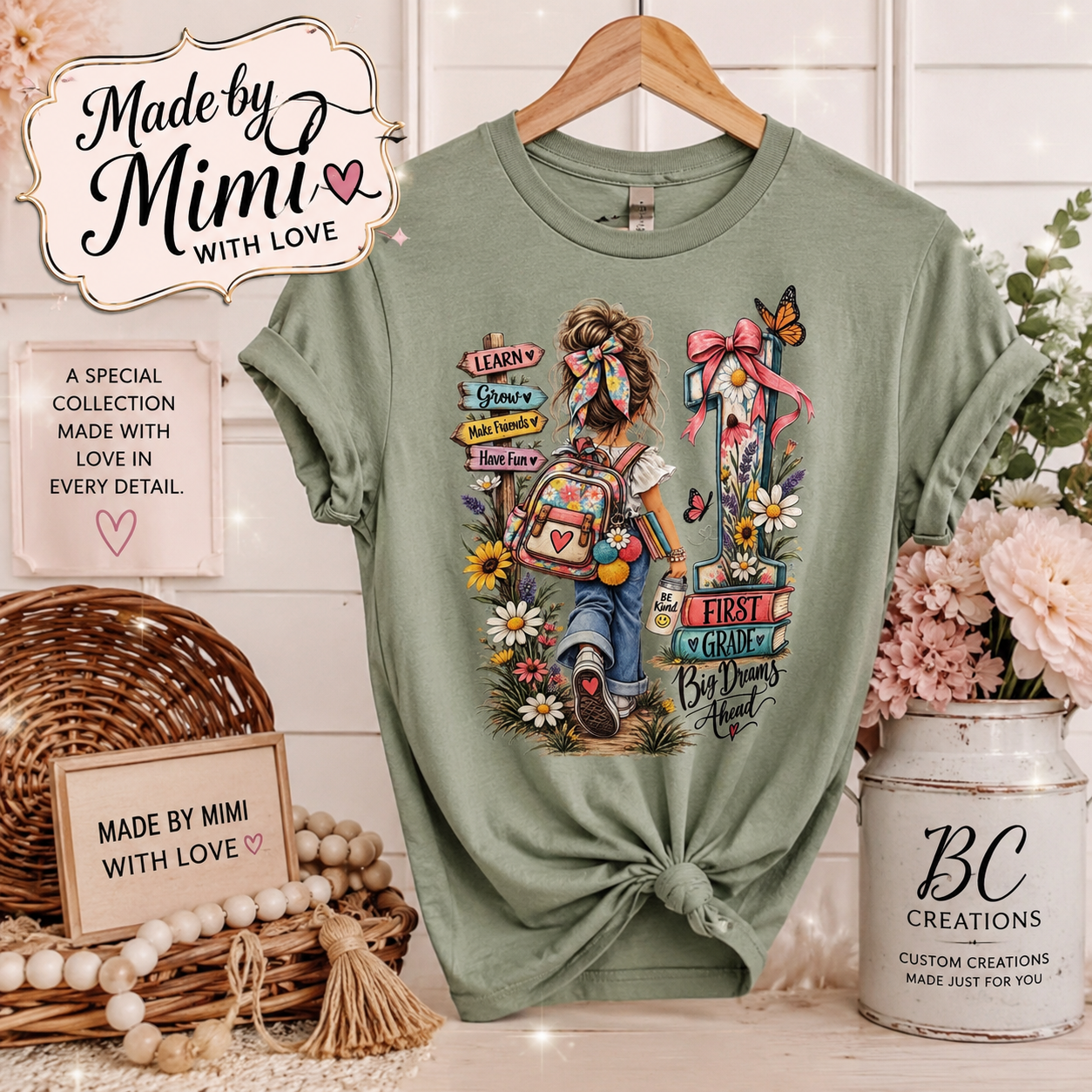 Sage green first grade graphic tee